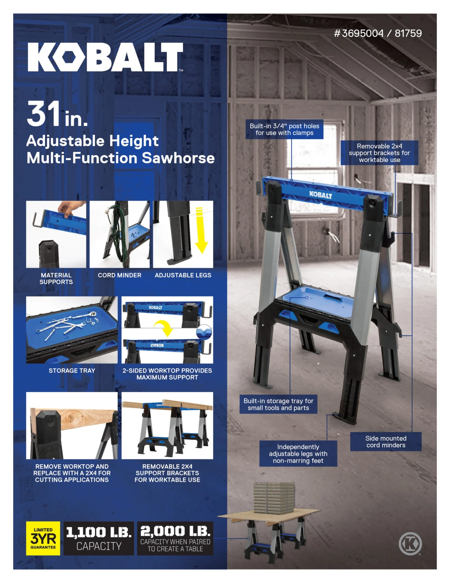 Kobalt Saw Horse Pp Steel 30.63-In W X 33.5-In H Construction Adjustable Capacity) - Image 6